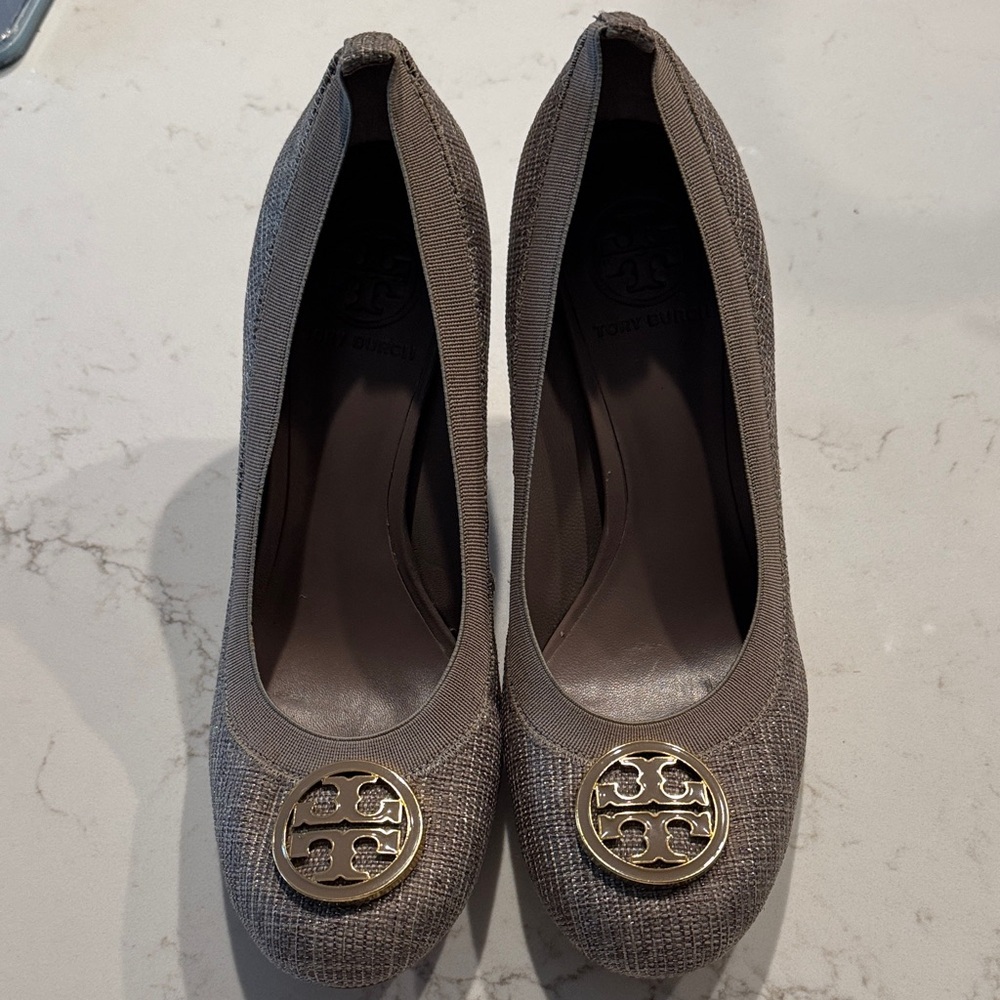 Tory Burch Taupe Heels with Gold Logo